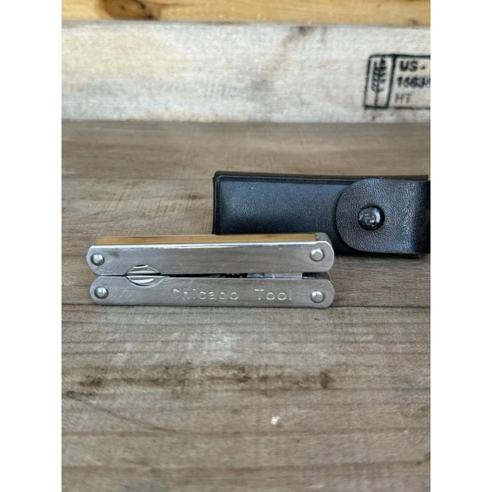 Vintage Chicago Tool‎ Chrome Multitool. With Case Pliers, Knife & Accessories
